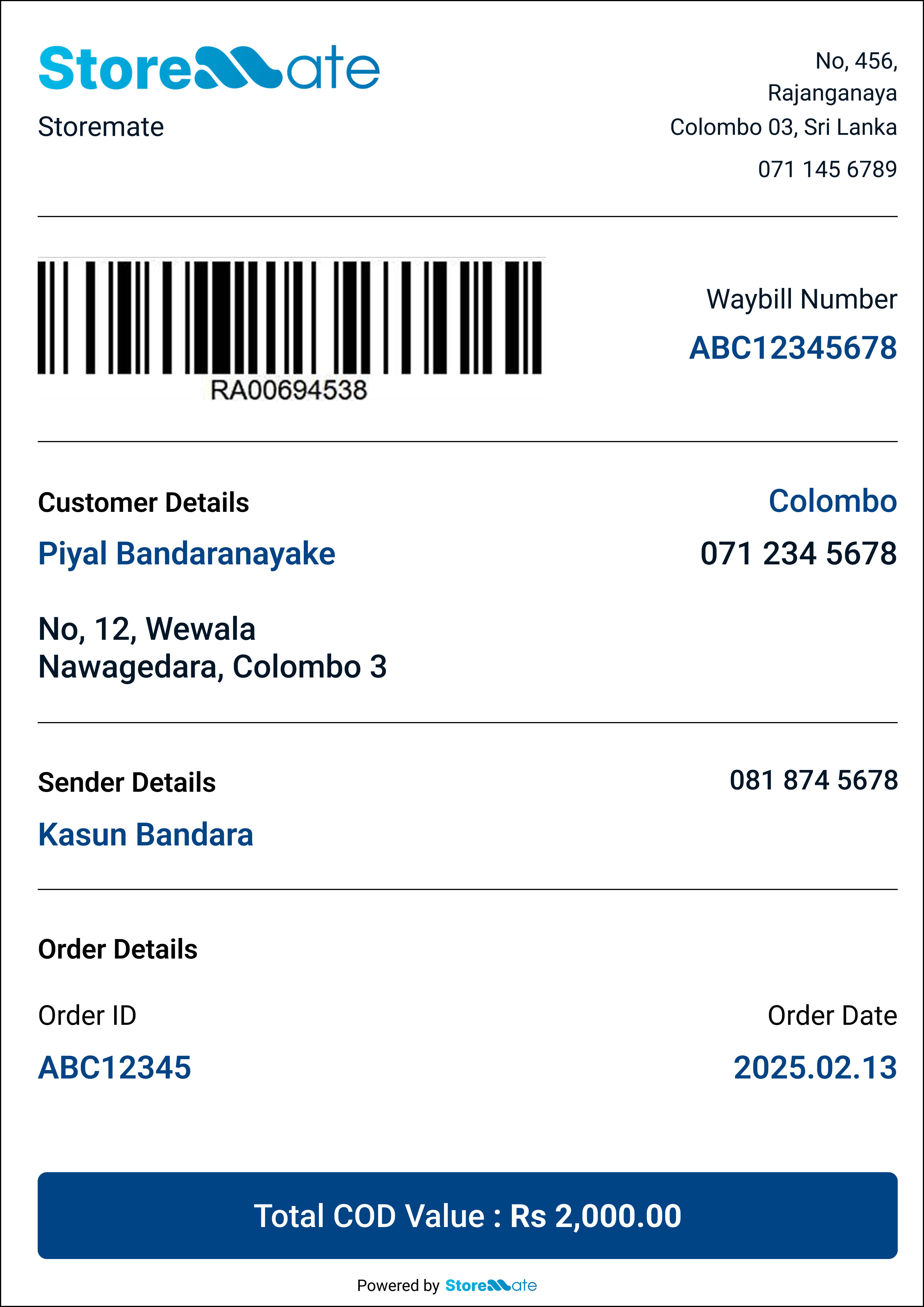 Professional Storemate branded waybill with logo, barcode, and customer details