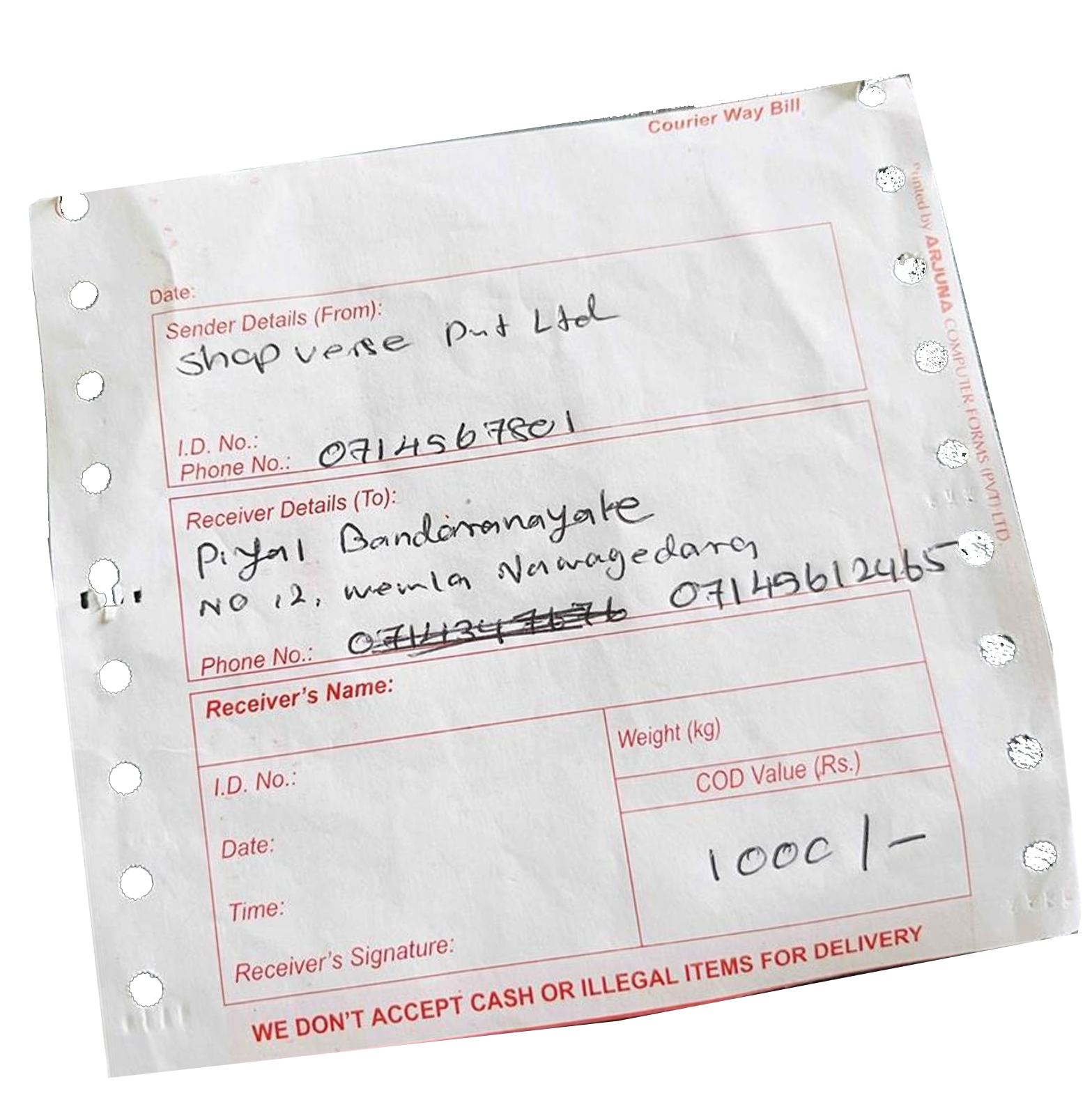 Messy handwritten courier waybill with corrections and illegible writing